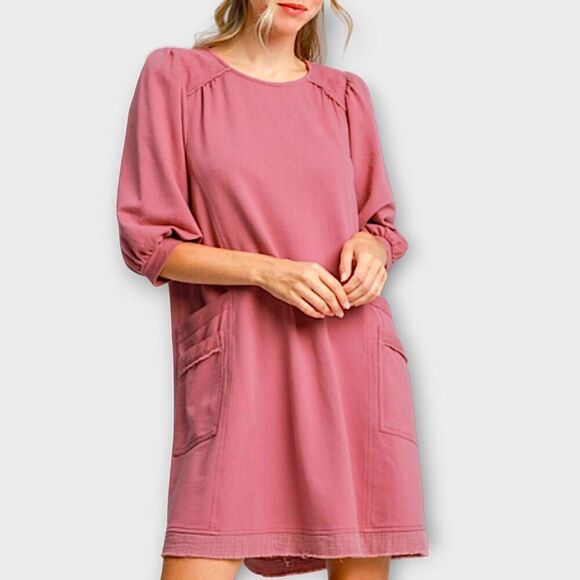 Umgee Womens Dress Sz Medium Rose Knit Slouchy Long Sleeves‎ Raw Hem Cottagecore - Picture 1 of 11